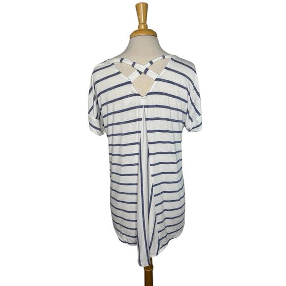 CHICOS Cross Back Rayon Jersey Blue White Stripe Short Sleeve Tee Size Medium 1 - Picture 3 of 9